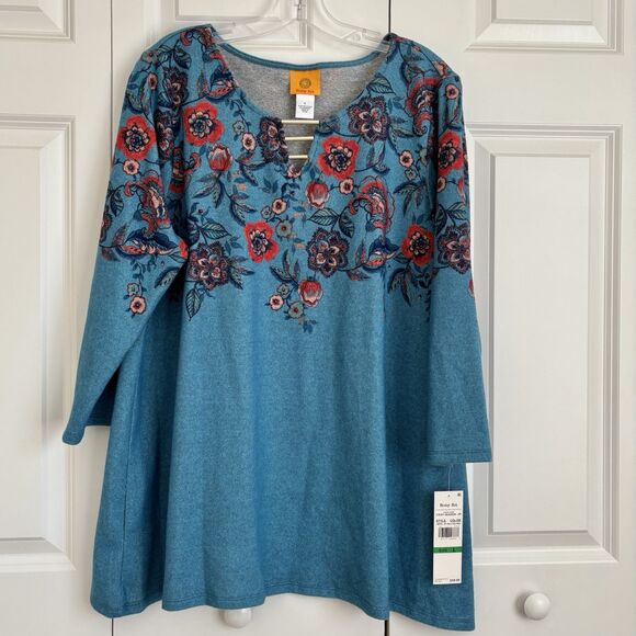 RUBY RD. WOMEN'S TOPS L/1X PULLOVER BLUE FLORAL KNIT 3/4 SLEEVES KEYHOLE NECK - Picture 2 of 7